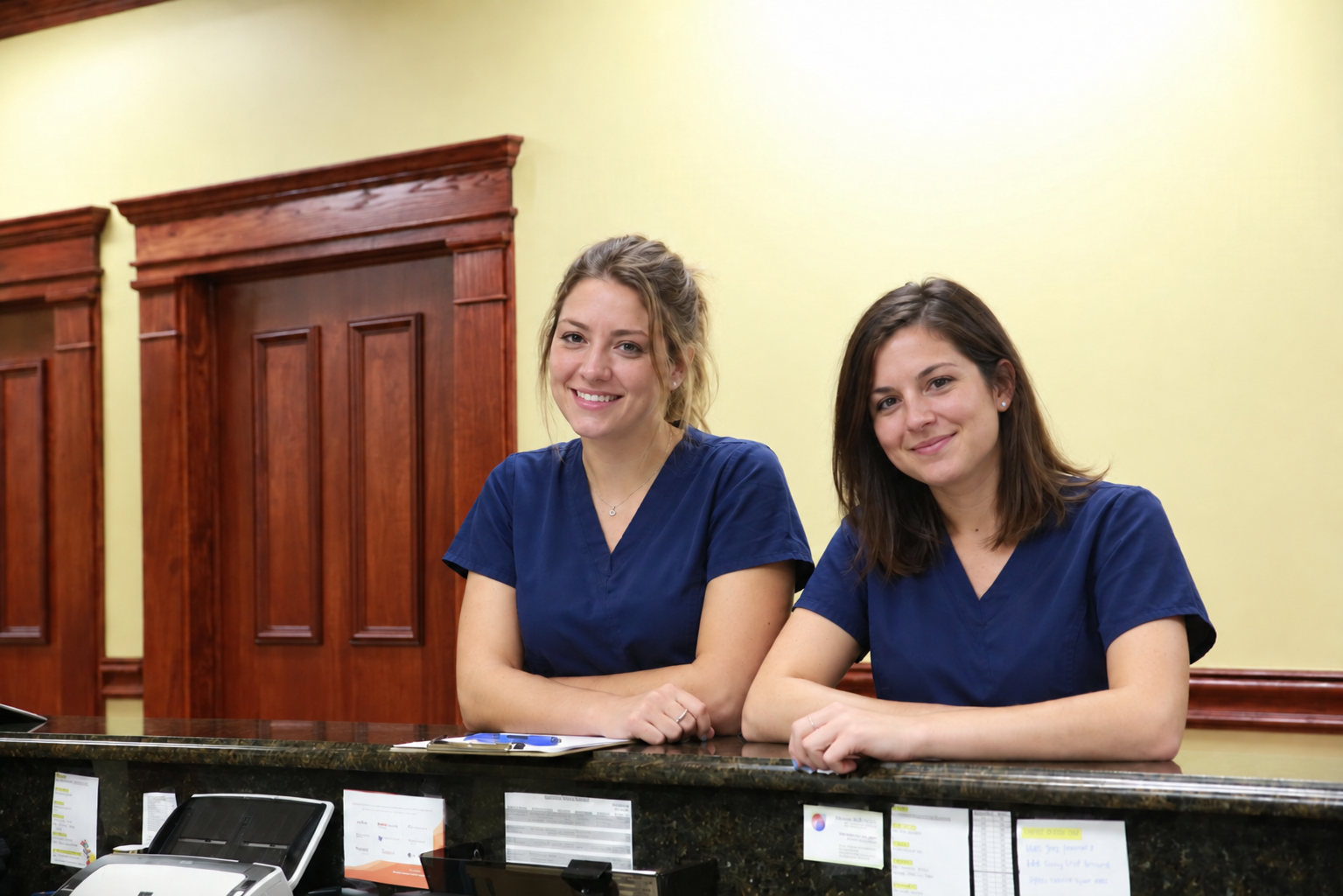 Two people in navy scrubs standing together at the clinic reception counter